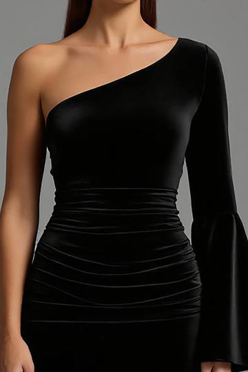 One Shoulder Velvet Black Semi-Formal Dress
